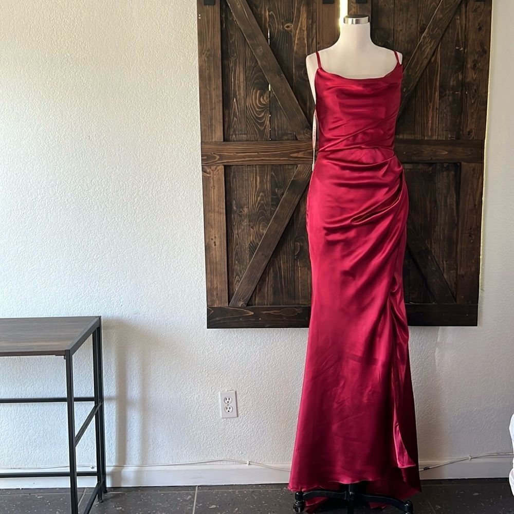 Lavetir Satin COWL NECK RED GOWN FRONT Split back lace up gown dress